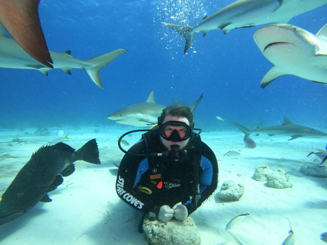 Jesper Dramsch diving with sharks