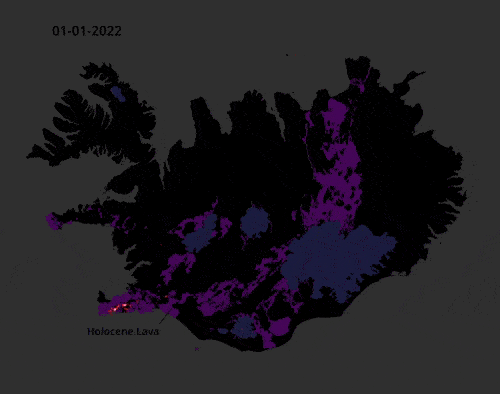 GIF of earthquakes in iceland during January and February of 2022 by Ragnar Heiðar Þrastarson